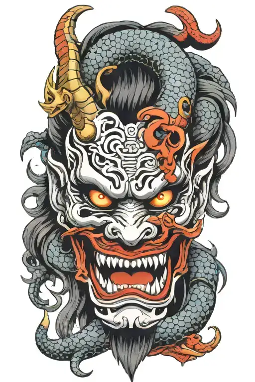 oni mask with dragon wrapped tattoo design idea