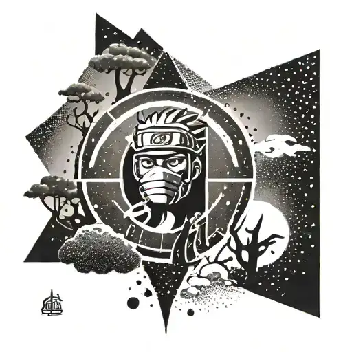 Incorporate the Naruto village symbol with a ninja silhouette in a dotwork style tattoo design idea
