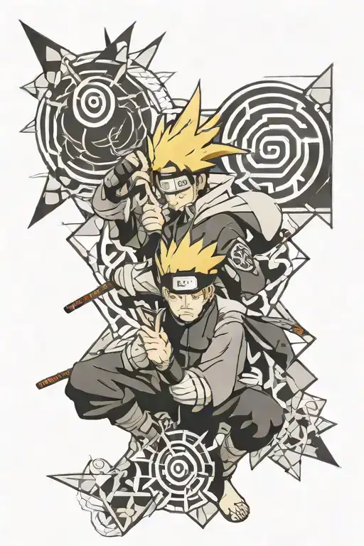 Combine elements of Naruto characters with traditional Japanese ninja symbols tattoo design idea