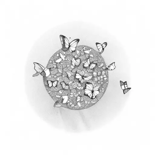 tiny stones and butterflies exploding out of a single point outward into a v shape tattoo design idea