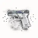 Glock 9mm gun with the phrase 'Sin City' written on it, wrapping around the gun above the phrase 'An eternal dream,' and tattoo design idea