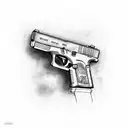 Glock 9mm gun with the phrase 'Sin City' written on it, wrapping around the gun above the phrase 'An eternal dream,' and tattoo design idea