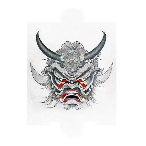 oni mask, honor, mental strength, creativity tattoo design idea
