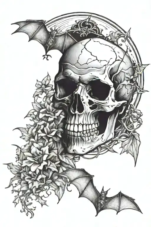 skull, bat, moon in gothic style tattoo design idea