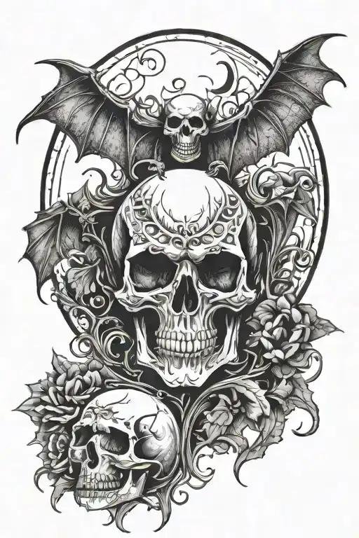 skull, bat, moon in gothic style tattoo design idea
