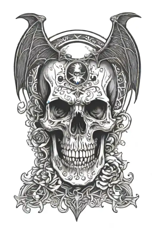 skull, bat, moon in gothic style tattoo design idea