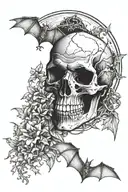 skull, bat, moon in gothic style tattoo design idea