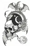 skull, bat, moon in gothic style tattoo design idea