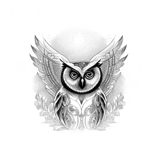 A majestic owl perched on top of a Roman column, with intricate details of ancient architecture in the background tattoo design idea