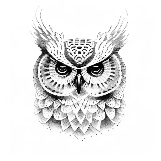 A dotwork tattoo featuring a statue of an owl, with ancient Roman building designs etched around it tattoo design idea