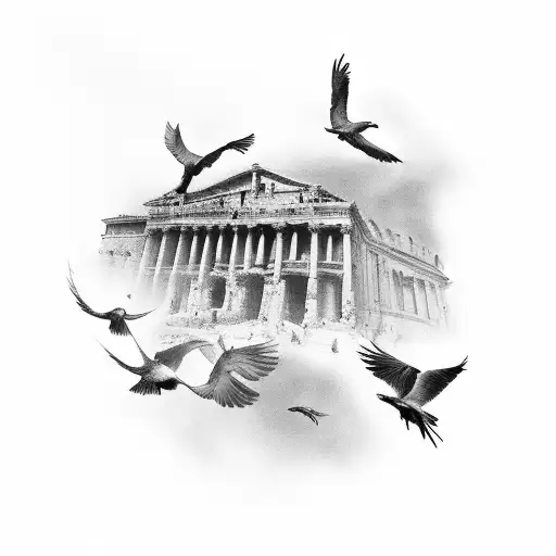 A black and grey tattoo of a flock of birds flying over a sketch-like representation of ancient Roman buildings tattoo design idea