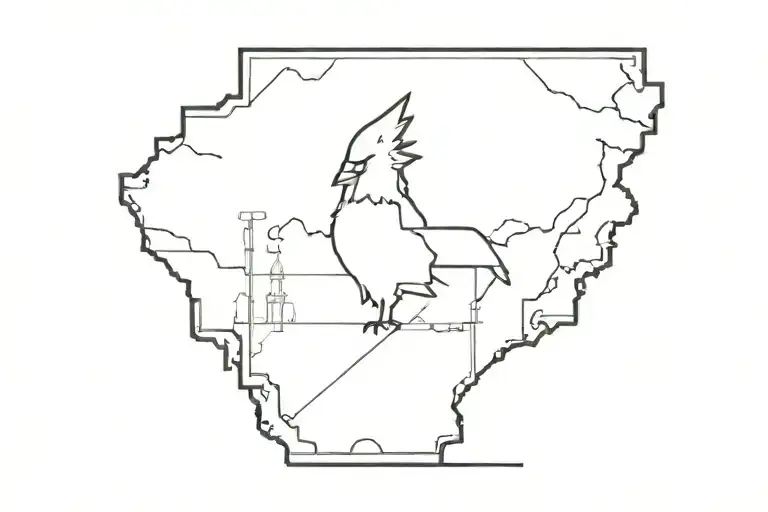 state of Kentucky with a cardinal perched, a golden rod, the Kentucky castle, bourbon glasses, and a banjo in the state. tattoo design idea