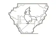 state of Kentucky with a cardinal perched, a golden rod, the Kentucky castle, bourbon glasses, and a banjo in the state. tattoo design idea
