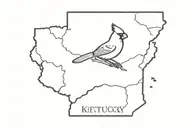 state of Kentucky with a cardinal perched, a golden rod, the Kentucky castle, bourbon glasses, and a banjo in the state. tattoo design idea