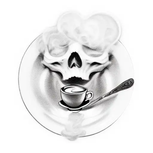 Create a realistic portrait of a barista with a steaming cup of coffee, surrounded by Borderlands characters tattoo design idea