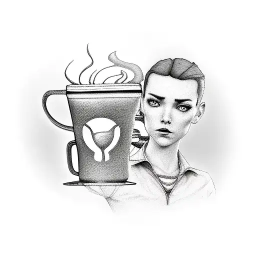 Create a realistic portrait of a barista with a steaming cup of coffee, surrounded by Borderlands characters tattoo design idea