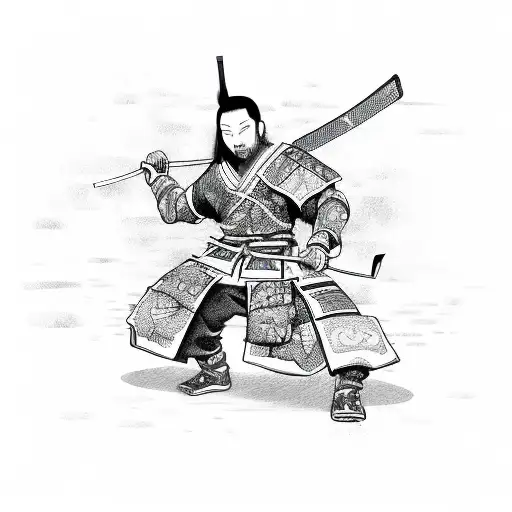 A detailed sketch-style illustration of a samurai warrior battling in an MMA cage, with subtle Japanese design elements in the background tattoo design idea