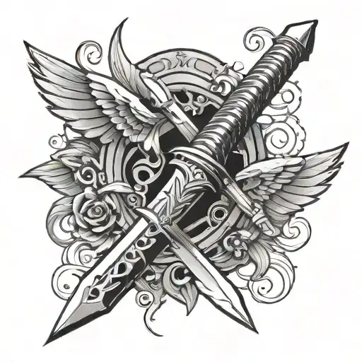dagger with trident incorporated and wings as the handle of the dagger tattoo design idea