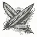 Create a design of a feather quill pen writing the letters 'a' and 'r' in a calligraphy style tattoo design idea
