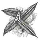 Create a design of a feather quill pen writing the letters 'a' and 'r' in a calligraphy style tattoo design idea