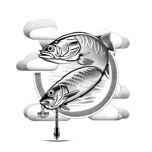 An intricate fishing lure with a hunting rifle crossed behind it tattoo design idea