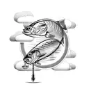 An intricate fishing lure with a hunting rifle crossed behind it tattoo design idea
