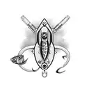 An intricate fishing lure with a hunting rifle crossed behind it tattoo design idea