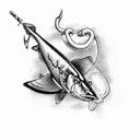 An intricate fishing lure with a hunting rifle crossed behind it tattoo design idea