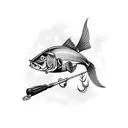 An intricate fishing lure with a hunting rifle crossed behind it tattoo design idea