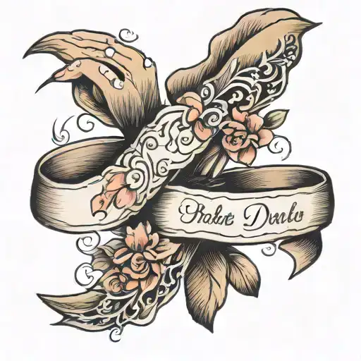 Two hands pinky promising… with our wedding ribbon tied around wrists… wedding date written on ribbon tattoo design idea