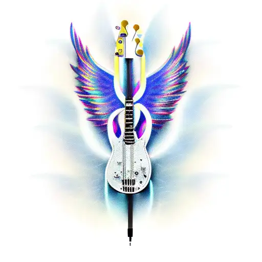 An electric bass guitar with wings and a halo tattoo design idea