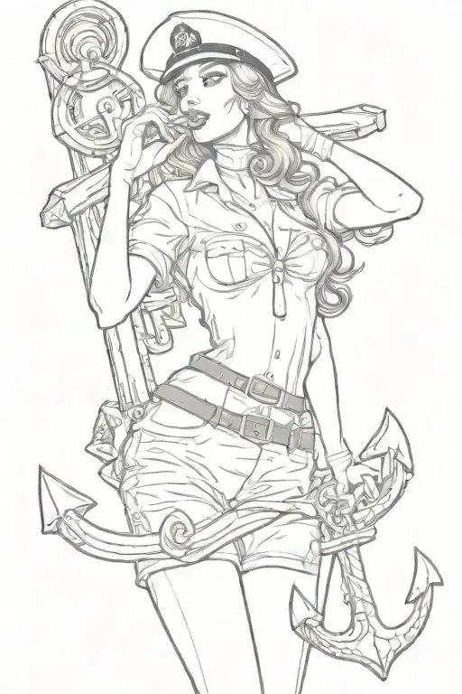 sexy sailor pinup girl leaning against an anchor CPO hat tilted  Khaki shirt form fitting  Titties coming out, nipples t tattoo design idea