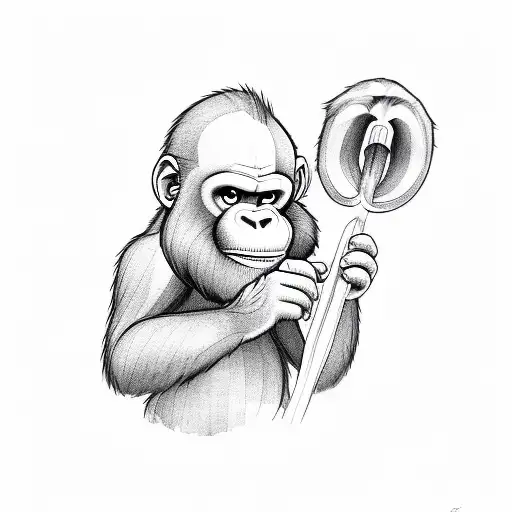 ape walking whit banana in one hand up tattoo design idea