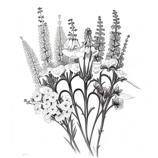 larkspur and primrose bouquet  tattoo design idea