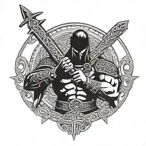 A warrior wielding a sword with intricate celtic designs, surrounded by symbols of strength and powerlifting equipment tattoo design idea