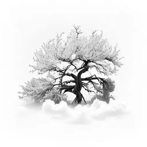 Juniper tree that has already been hit by lightning and grew multiple branches. A lignting hitting i from a cloud tattoo design idea