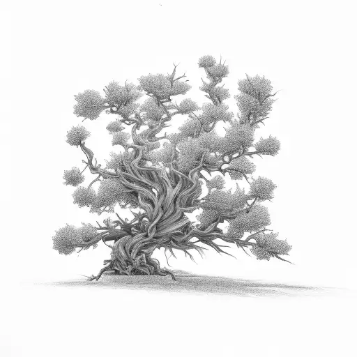 Juniper tree that has already been hit by lightning and grew multiple branches is hit by ligntning again tattoo design idea