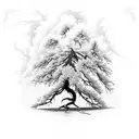 Juniper tree that has already been hit by lightning and grew multiple branches. A lignting hitting i from a cloud tattoo design idea