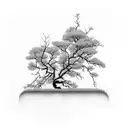 Juniper tree that has already been hit by lightning and grew multiple branches. A lignting hitting i from a cloud tattoo design idea