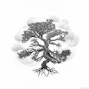 Juniper tree that has already been hit by lightning and grew multiple branches. A lignting hitting i from a cloud tattoo design idea