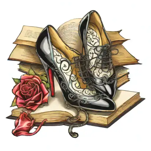 stiletto shoe on a book open tattoo design idea