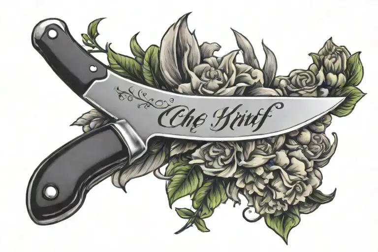 chef knife tattoo with mise-en-place written on blade  tattoo design idea