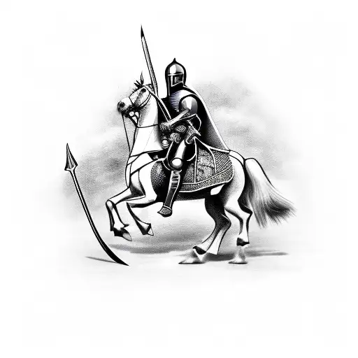 knight on a horseback with a sword pointed to the sky, with a battlefield and helmet on a pike tattoo design idea