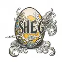 An egg with the word "Sheg" cracking out of it tattoo design idea