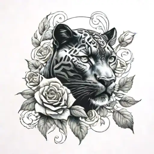Black Panther and roses intertwined tattoo design idea