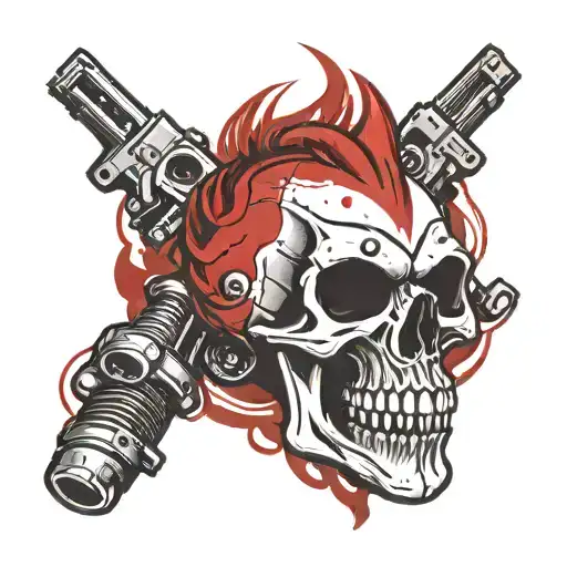 Skull with a red long mohawk falling to only one side, and 2 car pistons on the background crossed like an X  tattoo design idea
