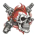 Skull with a red long mohawk falling to only one side, and 2 car pistons on the background crossed like an X  tattoo design idea