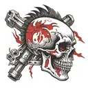 Skull with a red long mohawk falling to only one side, and 2 car pistons on the background crossed like an X  tattoo design idea