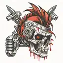 Skull with a red long mohawk falling to only one side, and 2 car pistons on the background crossed like an X  tattoo design idea