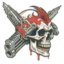 Skull with a red long mohawk falling to only one side, and 2 car pistons on the background crossed like an X  tattoo design idea